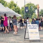 market booth set up on UBC campus with people shopping