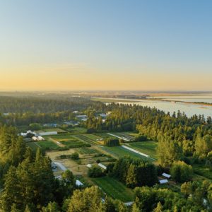 UBC Farm from above surrnounded by forest and ocean at sunset.