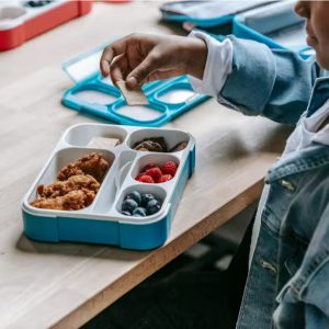 Child grabbing a cracker from a lunch box that contains chicken, fruits, and snacks.